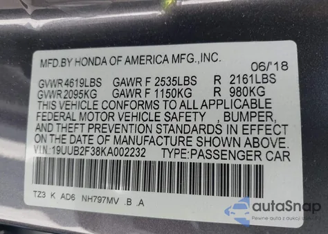 2019 Acura Tlx Standard from USA, damaged, VIN 19UUB2F38KA002232